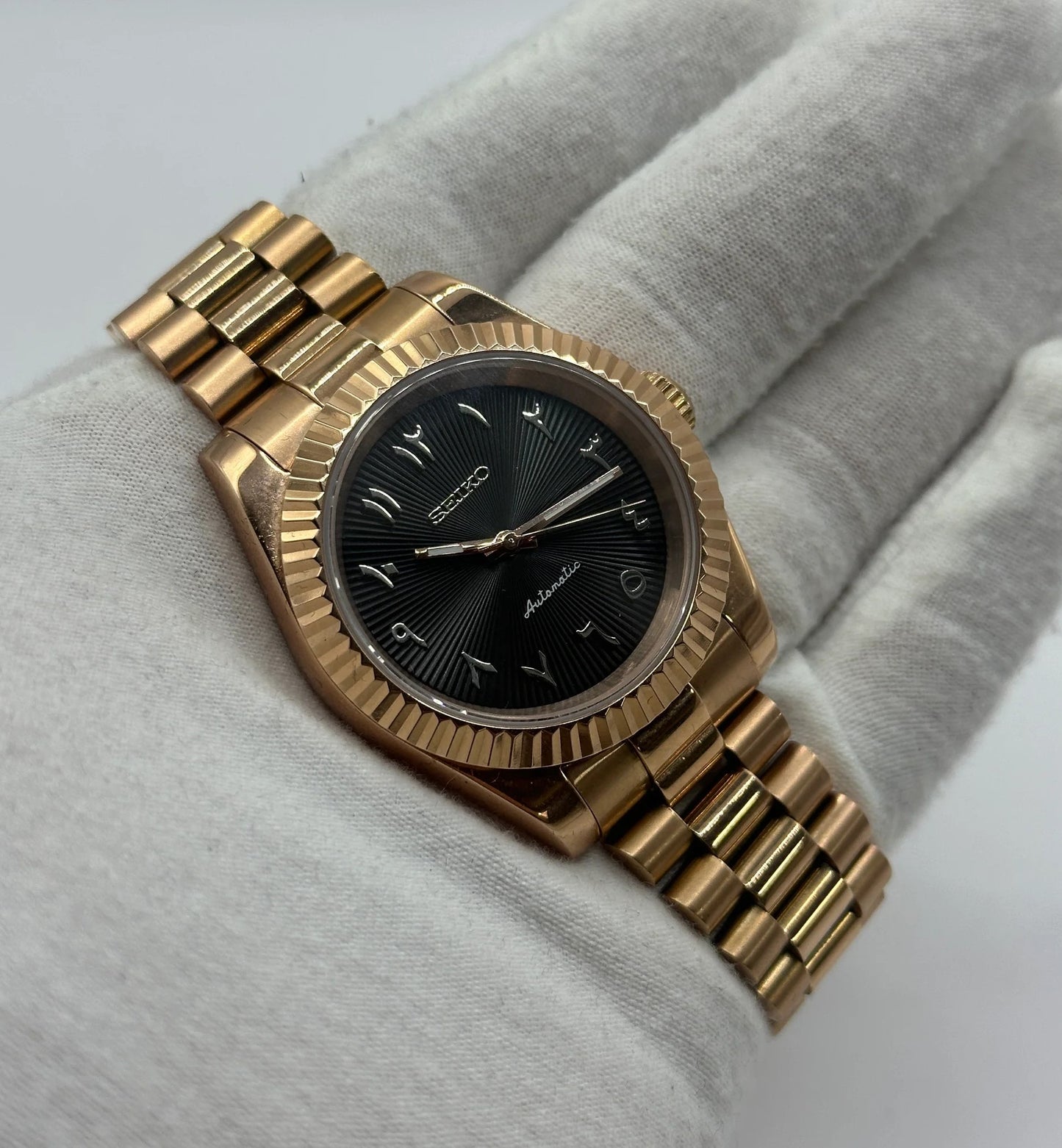 Seiko DateJust Black Arabic Dial Gold Mod