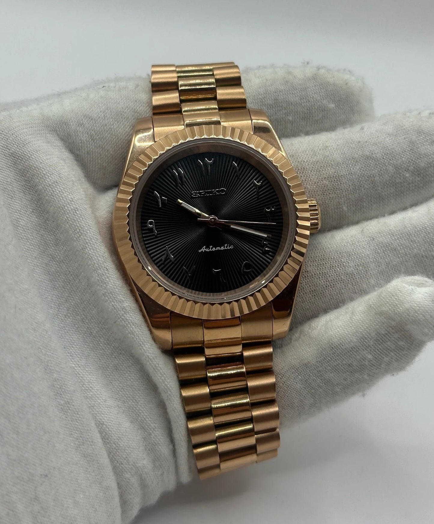 Seiko DateJust Black Arabic Dial Gold Mod
